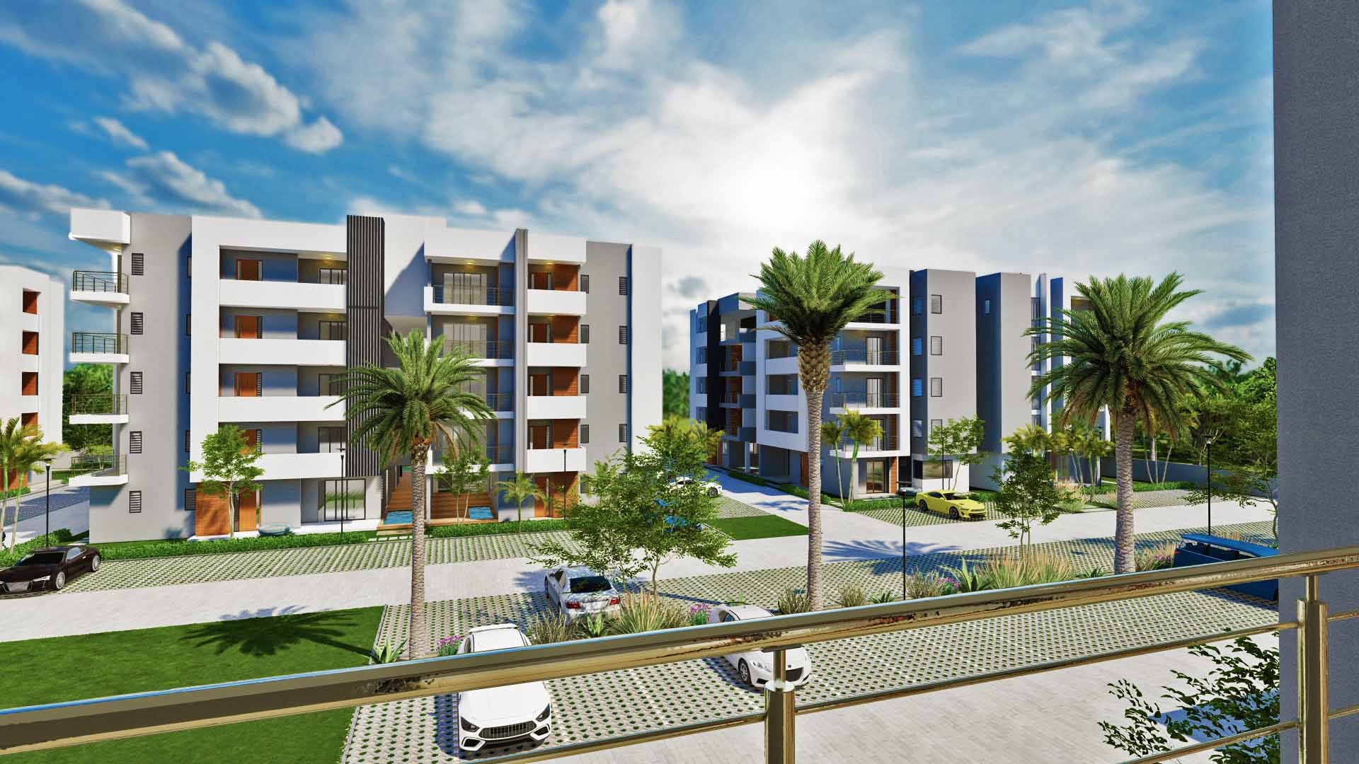 Park West Residence — plan de masse (blocs A à F, piscines, entrée)